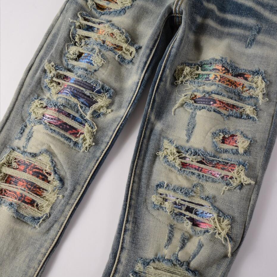 Men’s Retro Blue Denim Jeans Stretch Ripped Casual Punk Hip Hop Ripped Pants New