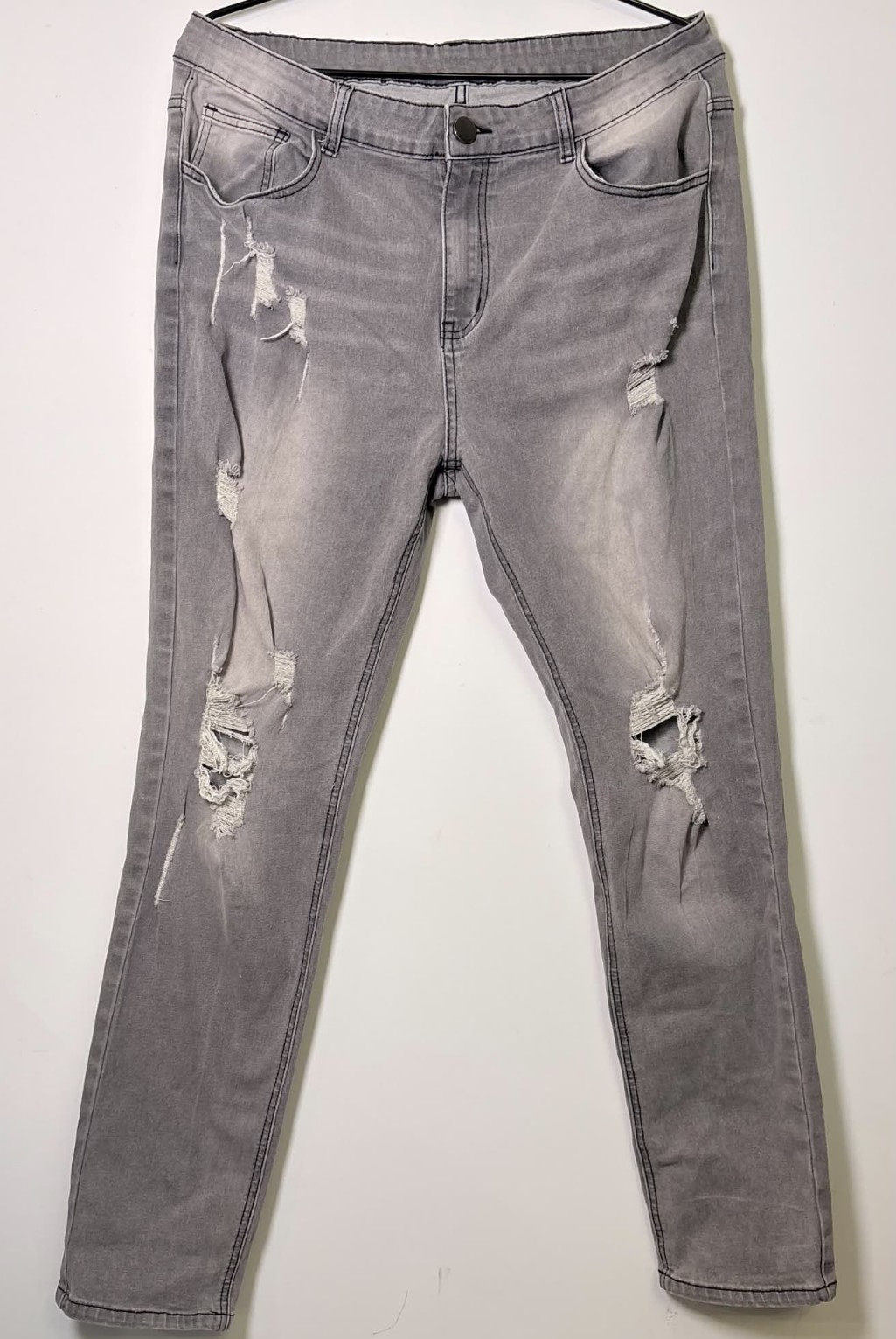 Men’s Gray Denim Jeans Light Wash Distressed Skinny Slim Fit 5-Pocket L