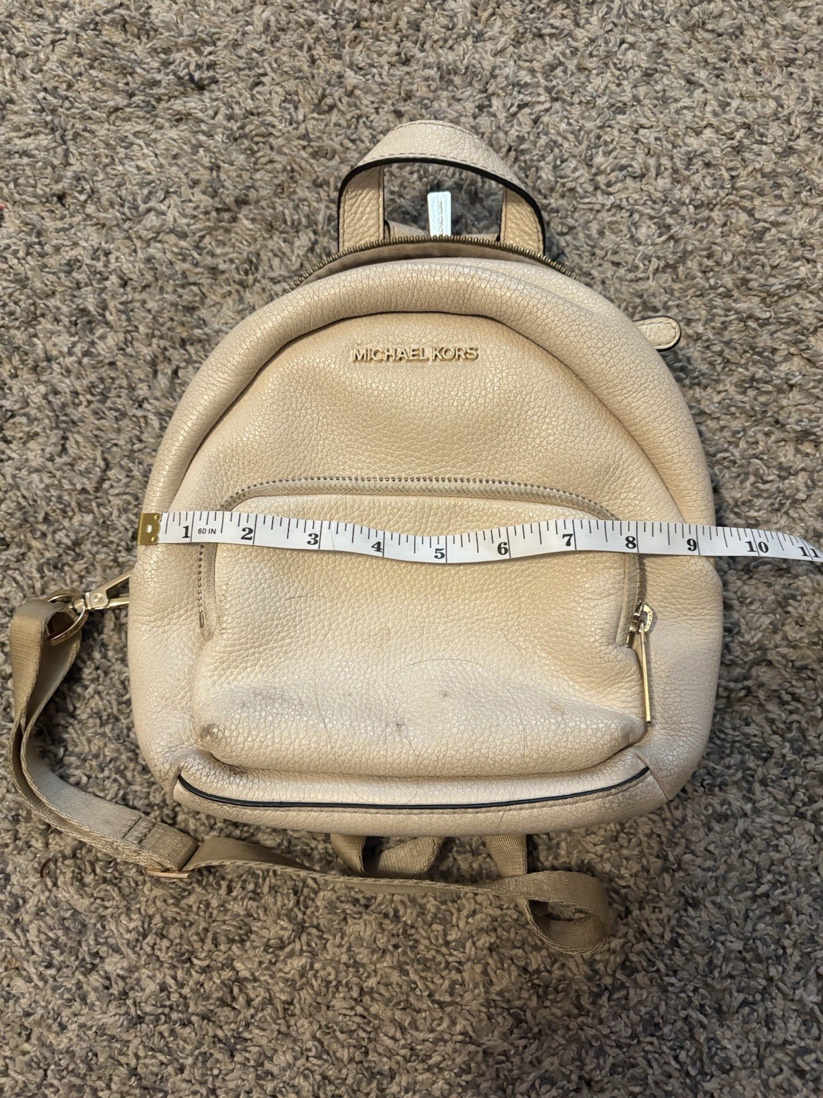 Michael Kors Beige Small Mini Backpack Pebbled Gold Hardware Zip Pockets
