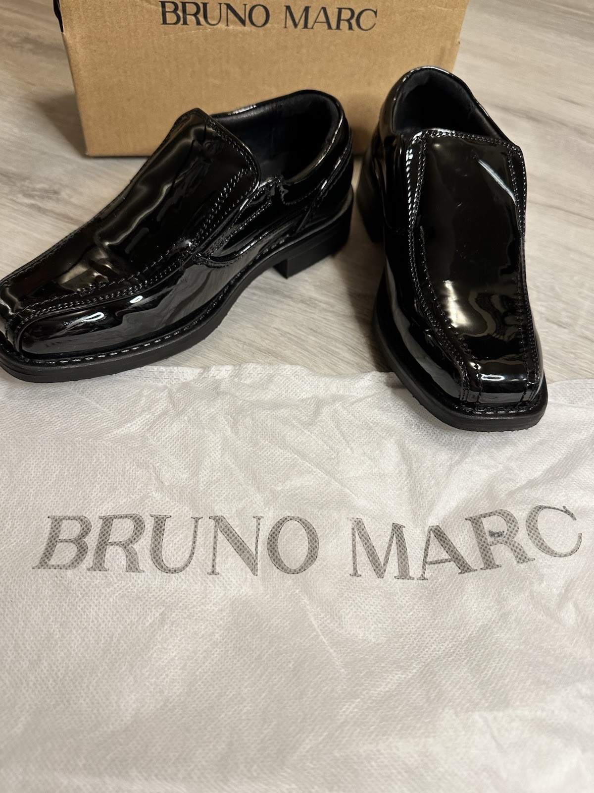 Bruno Marc Black Patent Leather Slip-On Dress Loafers Square Toe – Kids US 12