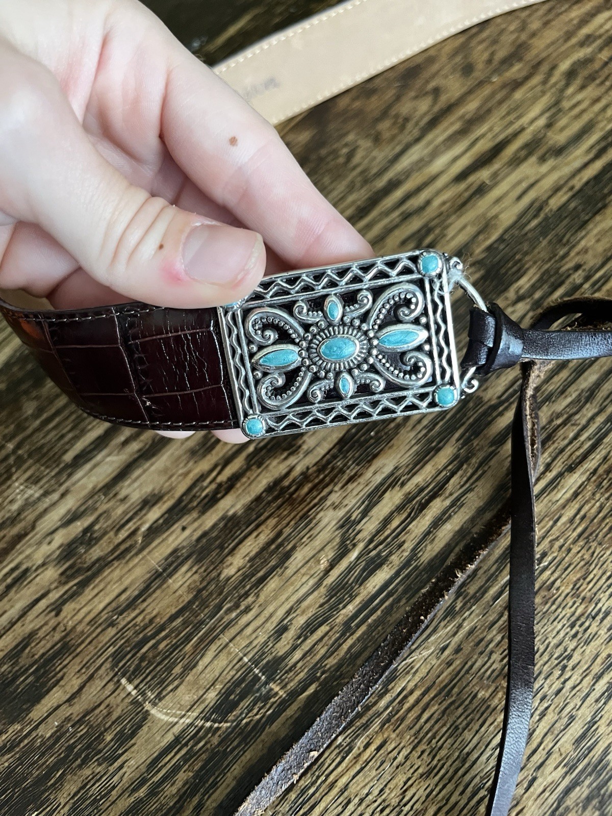 Brighton Western Belt Womens Size Medium M Black Croc Turquoise Embellished