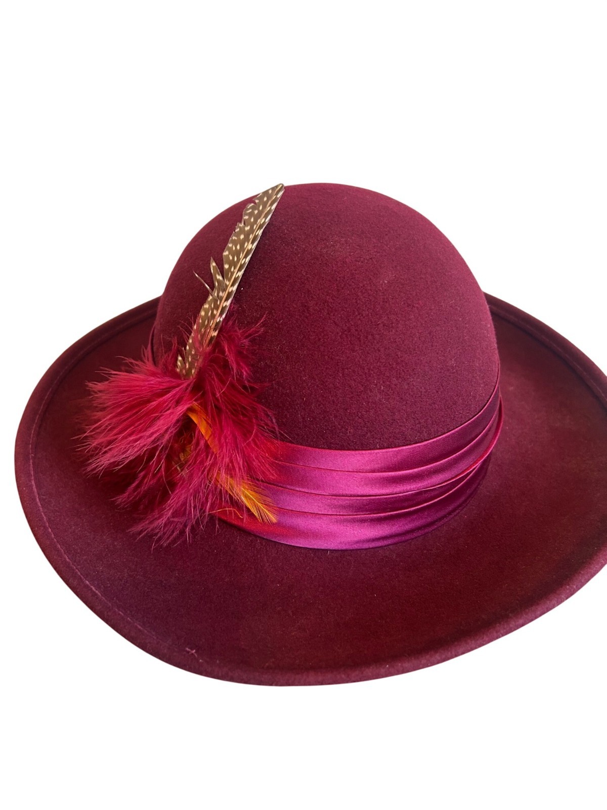 Vintage Geo W Bollman Burgundy Wool Hat With Satin Ribbon & Feather Accent