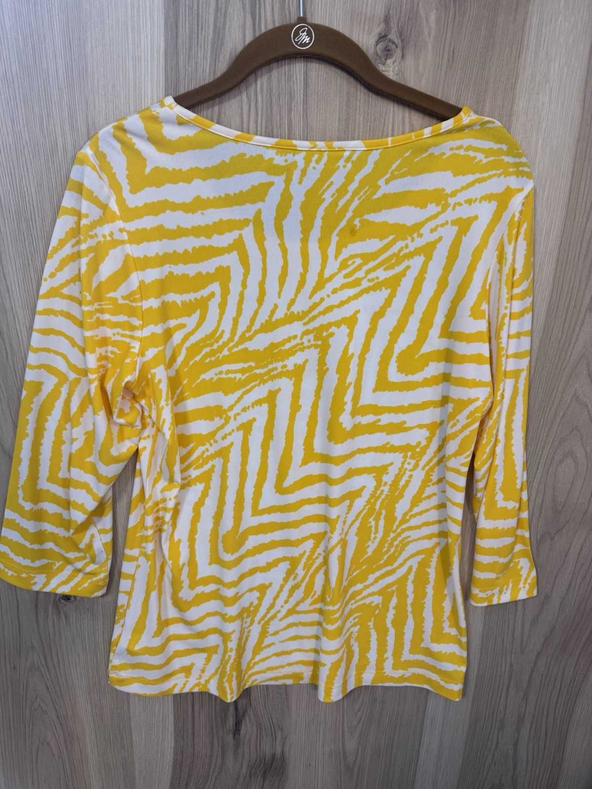 Susan Graver Yellow White Geometric Rhinestone Scoop Neck 3/4 Sleeve Top S