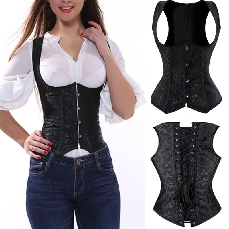 Black Sexy Push-Up Bustier Underbust Lace Up Corset Steampunk Basques Lingerie