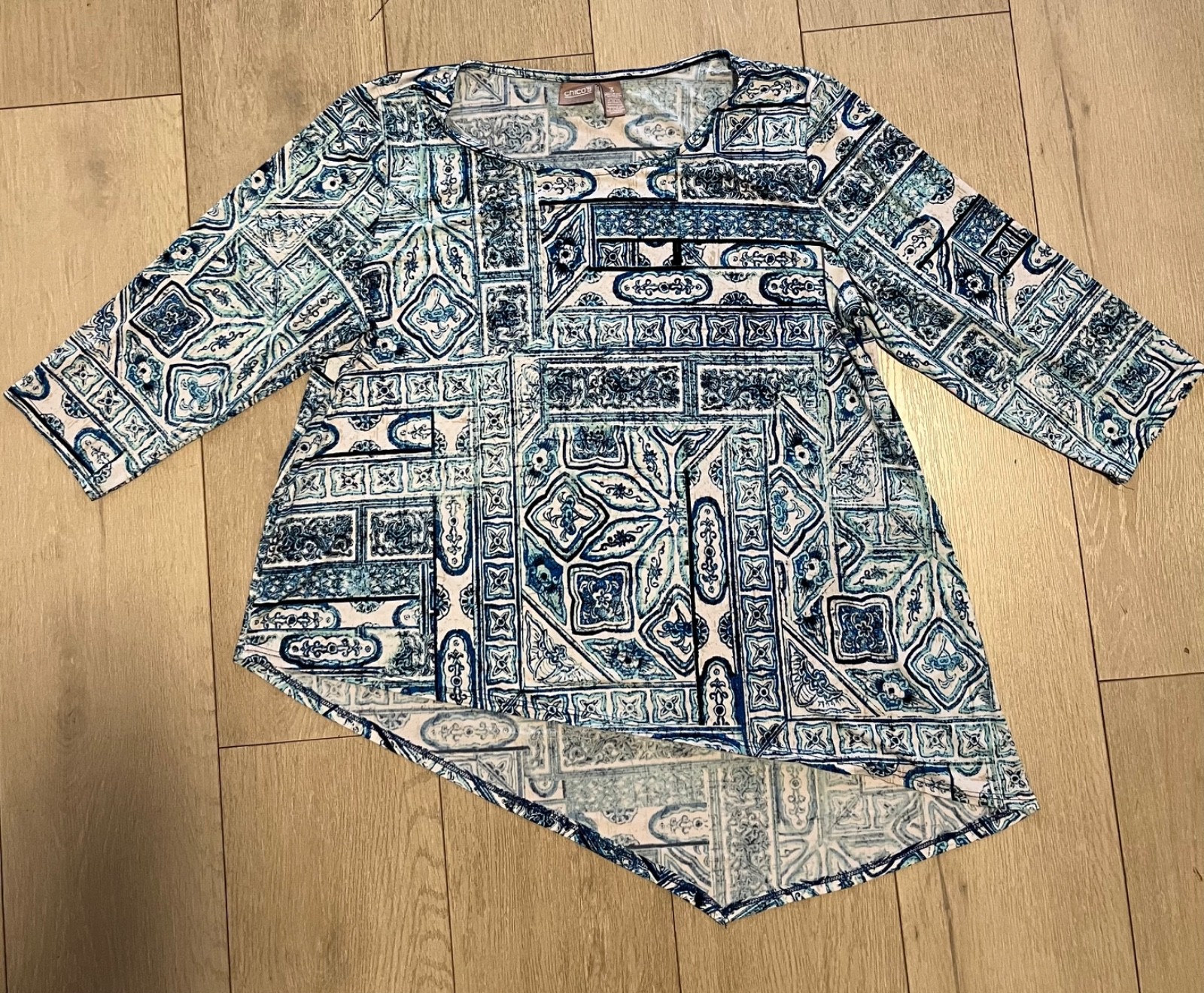 chicos womens blue boho asymmetrical 3 quarter tunic shirt top 3