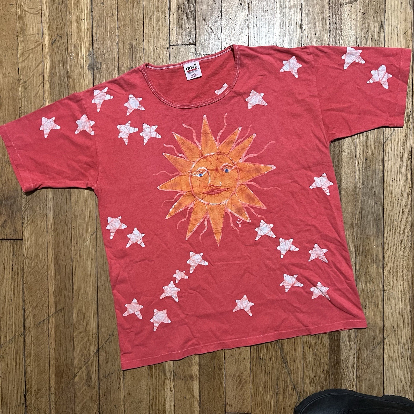 VINTAGE Celestial Sun Moon Shirt Womens LG Red Tie Dye Anvil Made USA 90s Vtg