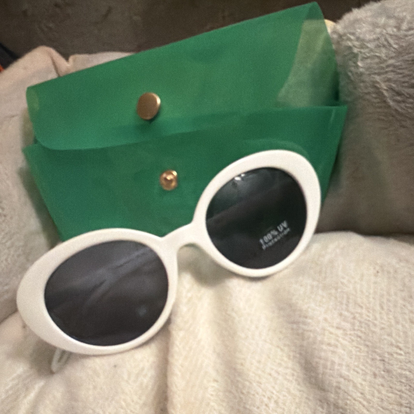 Women’s White Oval Sunglasses, Black Tinted Lenses, Plastic Frame, UV