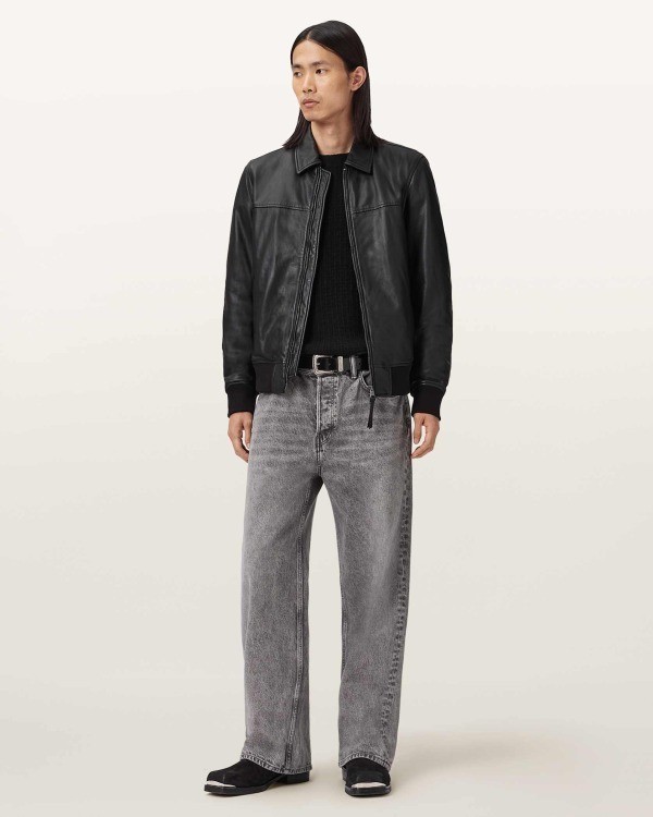 Men’s Black Classic Spread Collar Ribbed Cuff Sheepskin Leather Jacket for Men