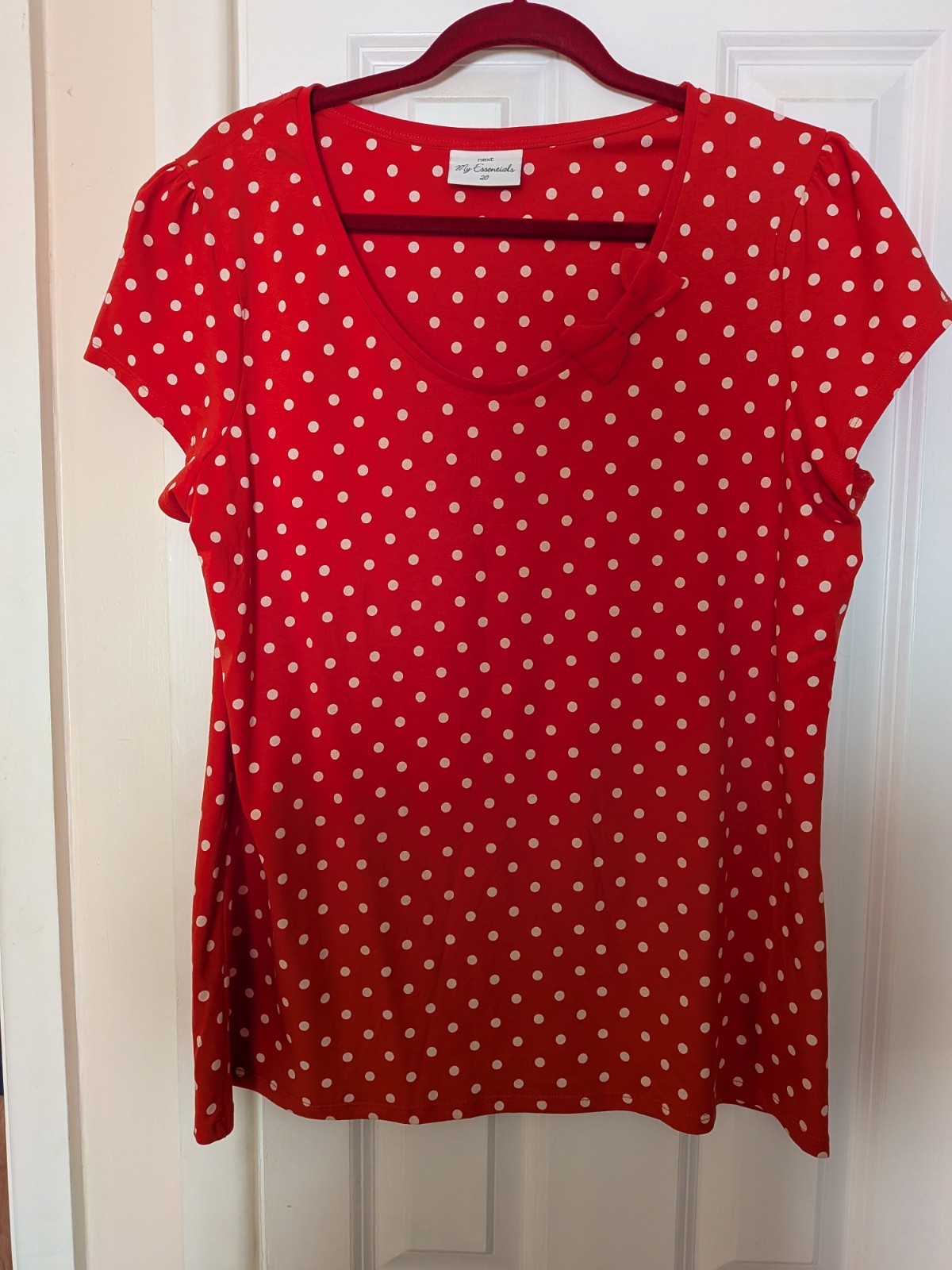 Next T Shirt Size 20 Red White Polkadot V Neck Capped Sleeved Bow On Front