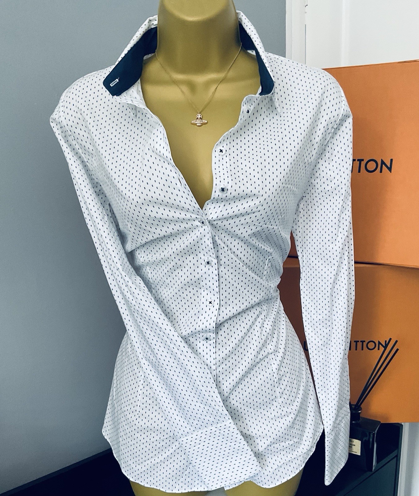 Pristine Hawes & Curtis Fitted Robby Spot Cottond Shirt Blouse UK Size 14