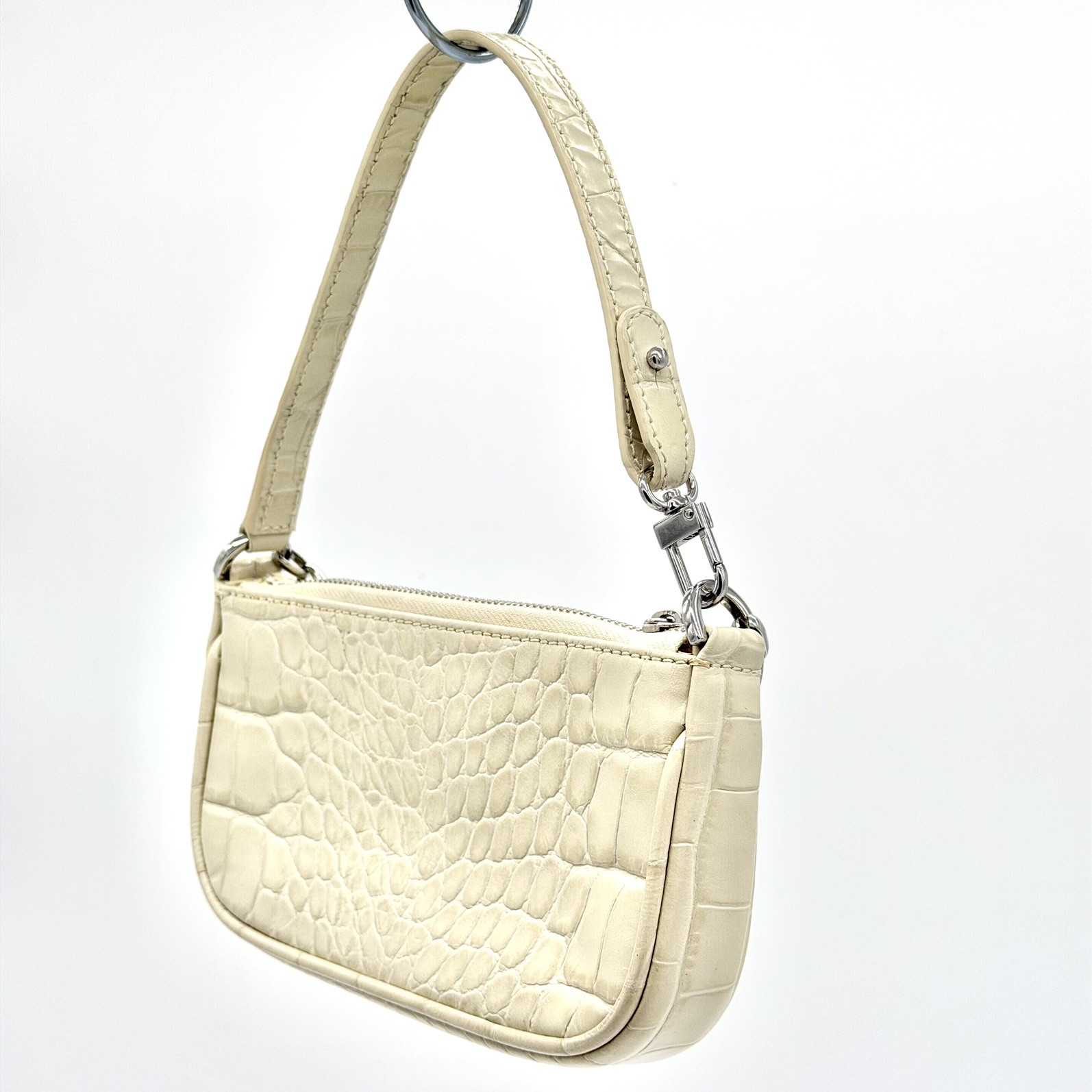 by FAR Mini Rachel Shoulder Bag Cream Crocodile Embossed Leather Chain Strap