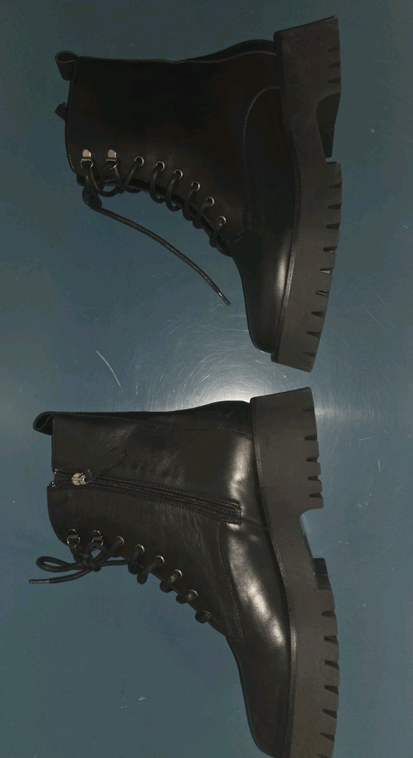 NWOT Combat Boots M. Gemi Italian Leather Black Lace Up W/ Side Zip W-9 M-7