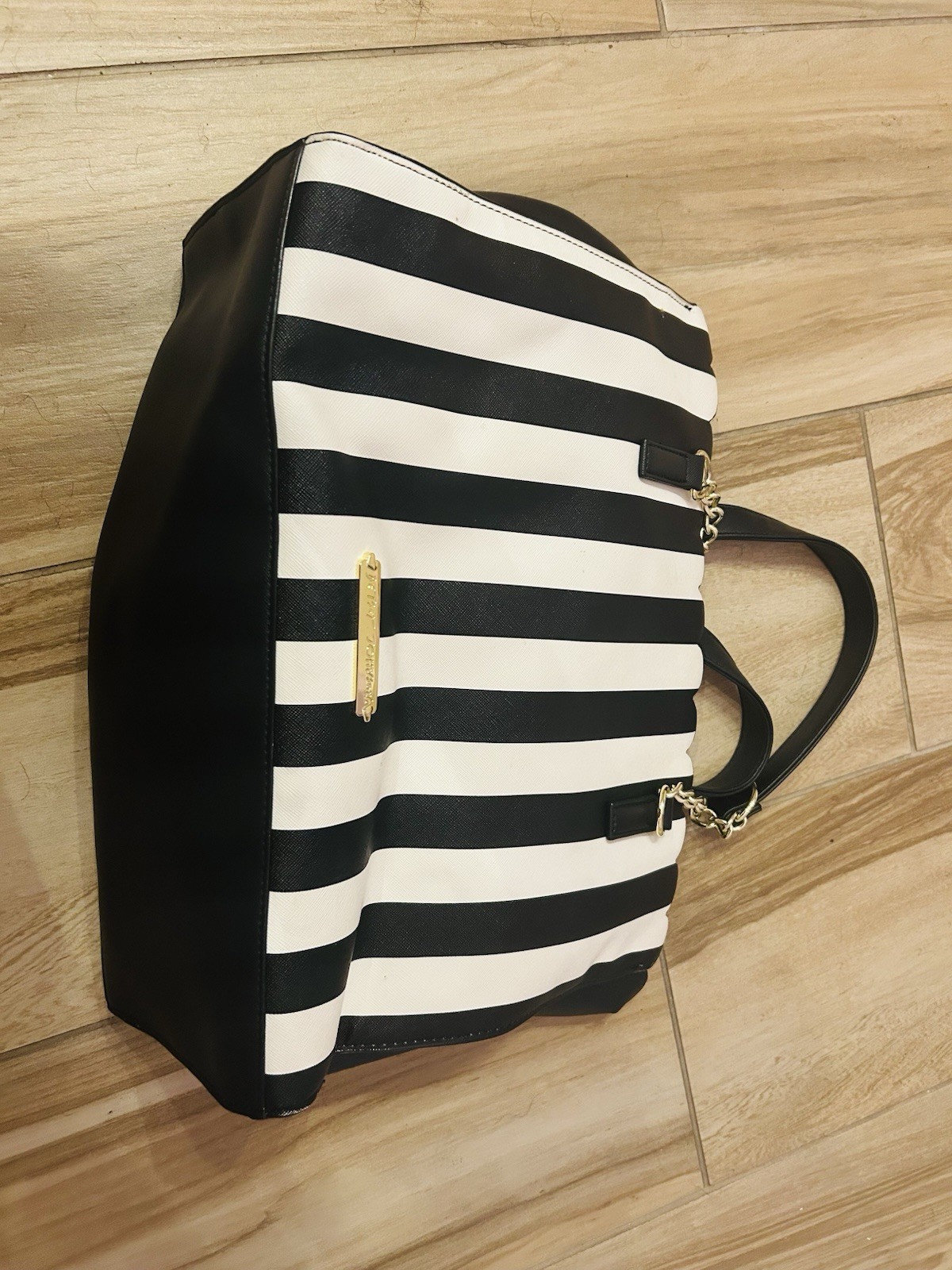 Betsey Johnson Black White Striped Satchel Top Handle Zip Bow Gold Chain Strap