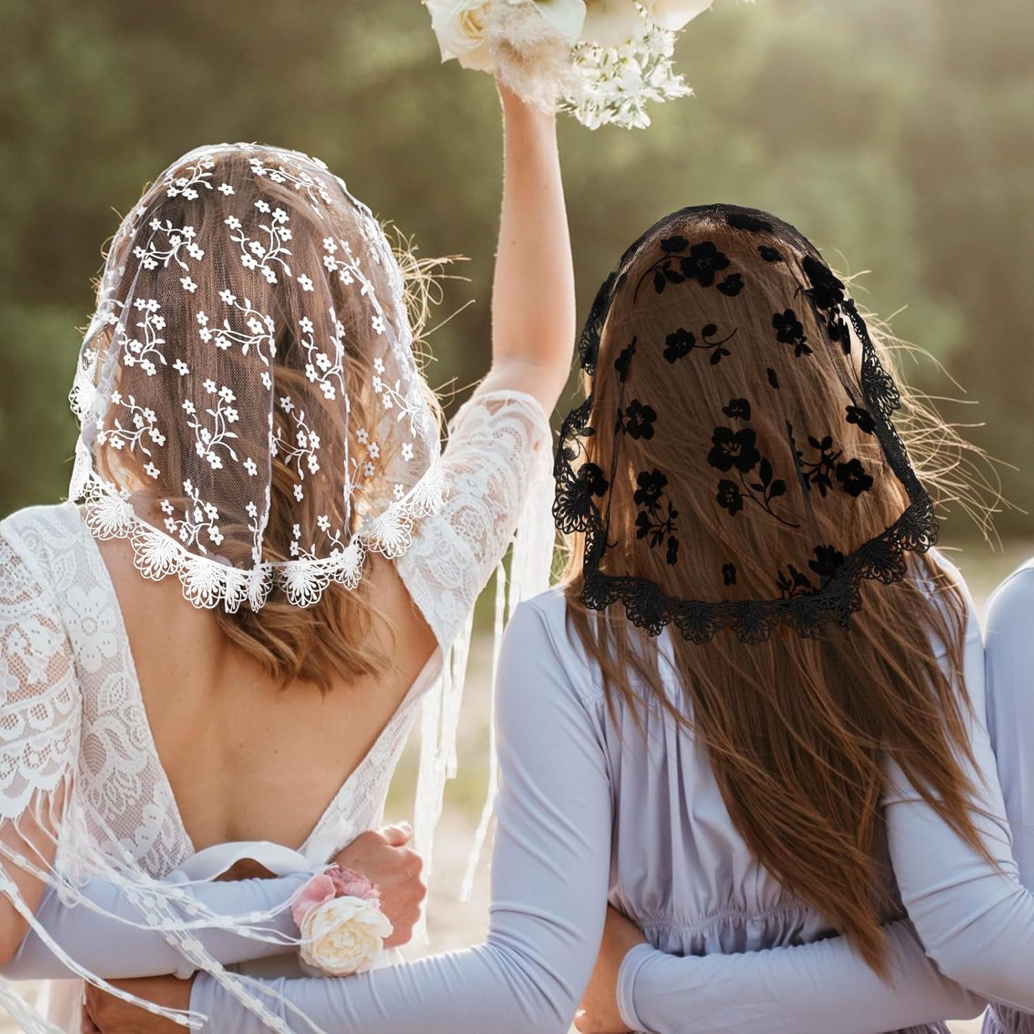 2 Pcs Women Lace Head Coverings Veil Scarf Church Bridal Wedding Black White