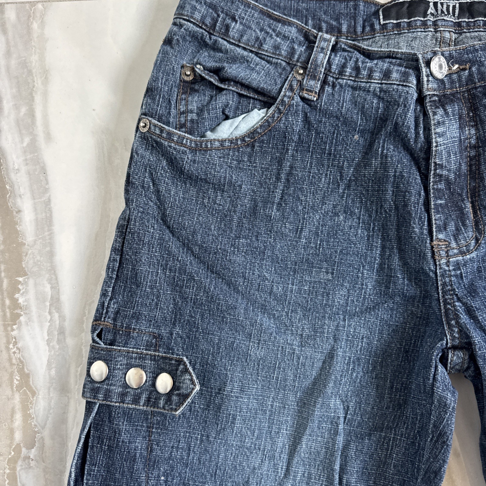 Vintage Buckle Up Side Split Leg Anti Flare Y2K Dark Wash Jeans Sz 11