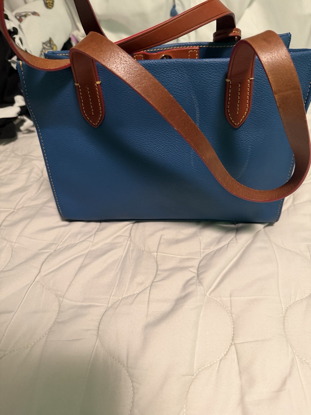 Dooney & Bourke Medium Blue Tote, Brown Double Handles, Zip, Charm, Red Lining