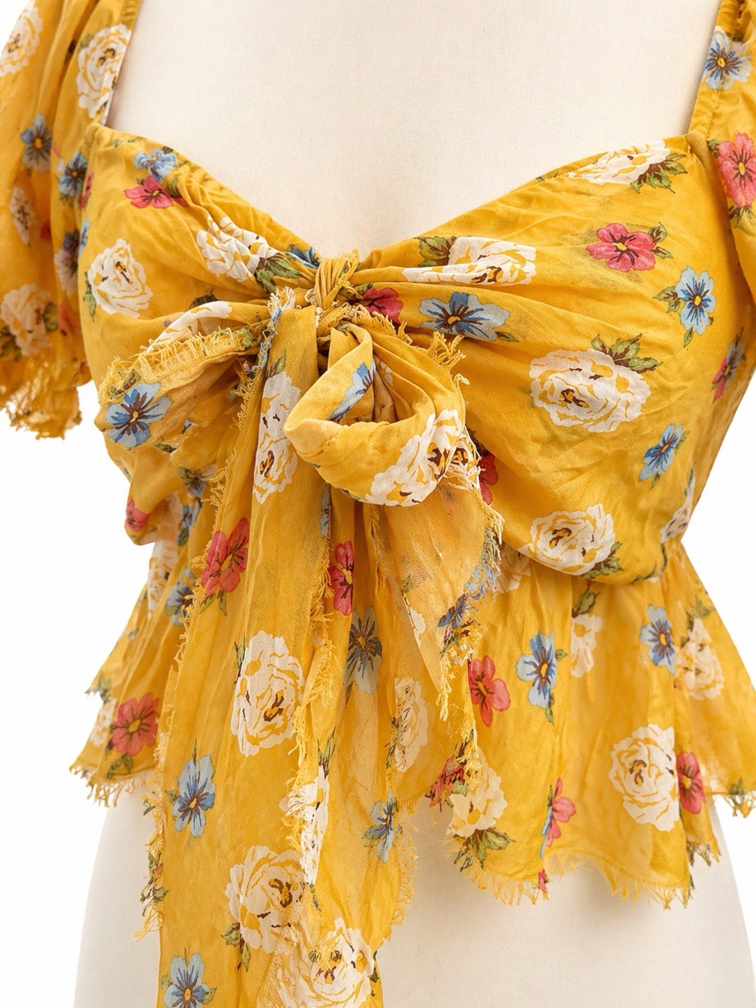 Aeropostale Yellow Floral Puff Sleeve Tie Front Crop Top Peplum Cottagecore S