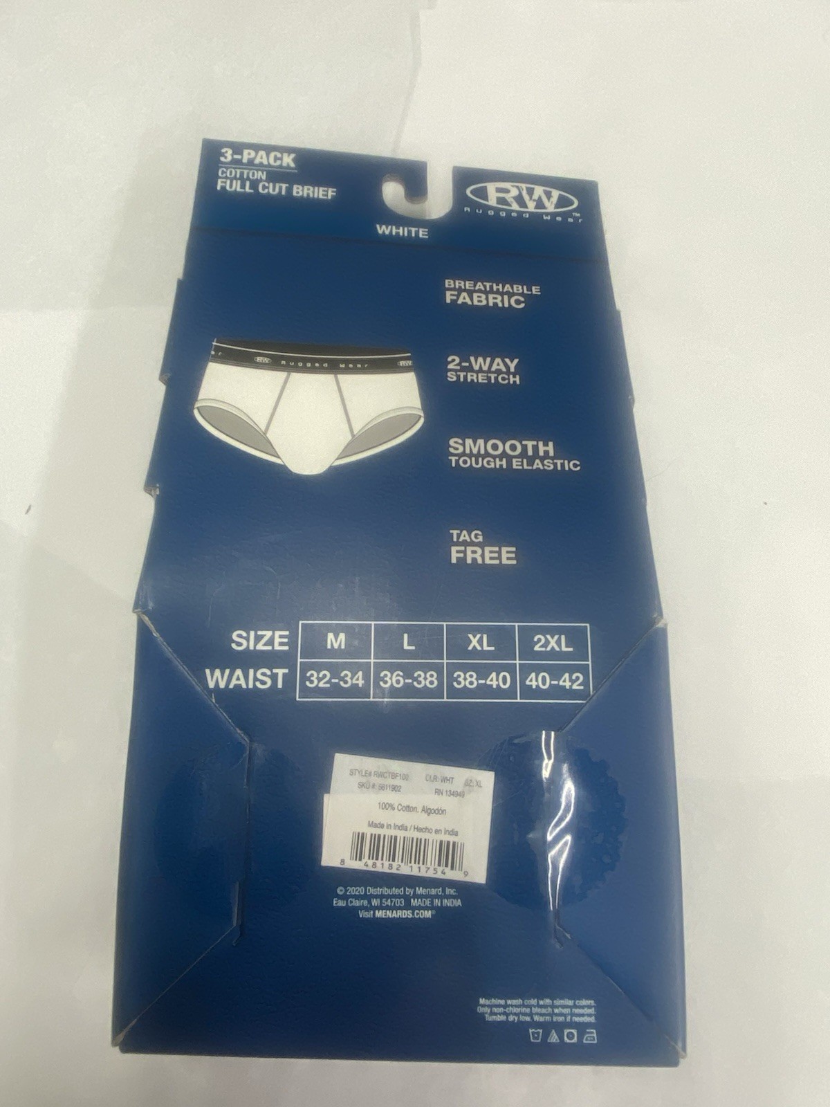 RW Rugged Wear® Men’s White 3-Pack Cotton Stretch Briefs . Sz XL