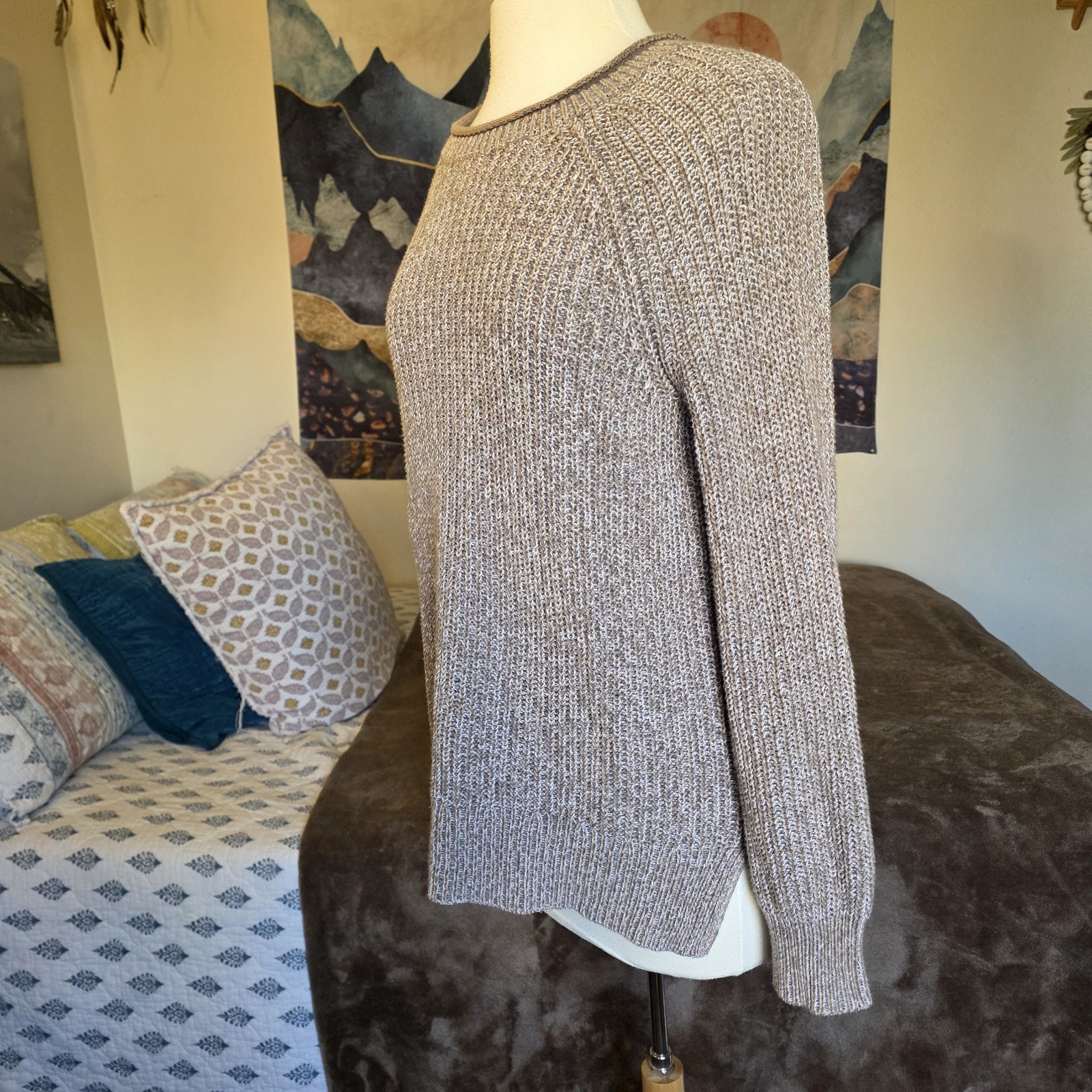 Ellen Tracy Oatmeal Marl Sweater Womens Small Ribbed Knit Cotton Pullover