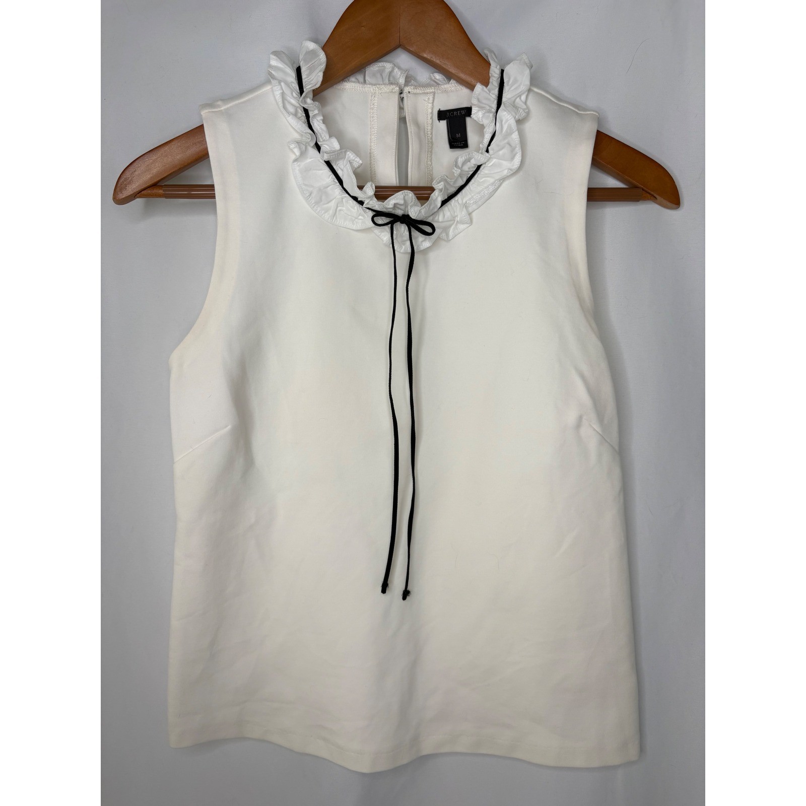 J.Crew Ivory White Ruffle Neck Sleeveless Top Black Ribbon Tie Size M Ponte