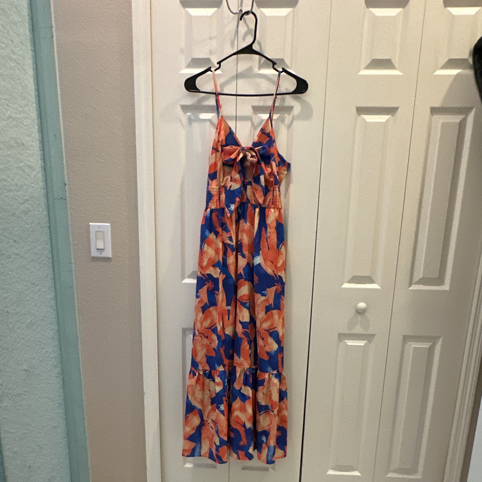 Grace Karin Blue Orange Beige Abstract V-Neck Smocked Bow Maxi Dress L