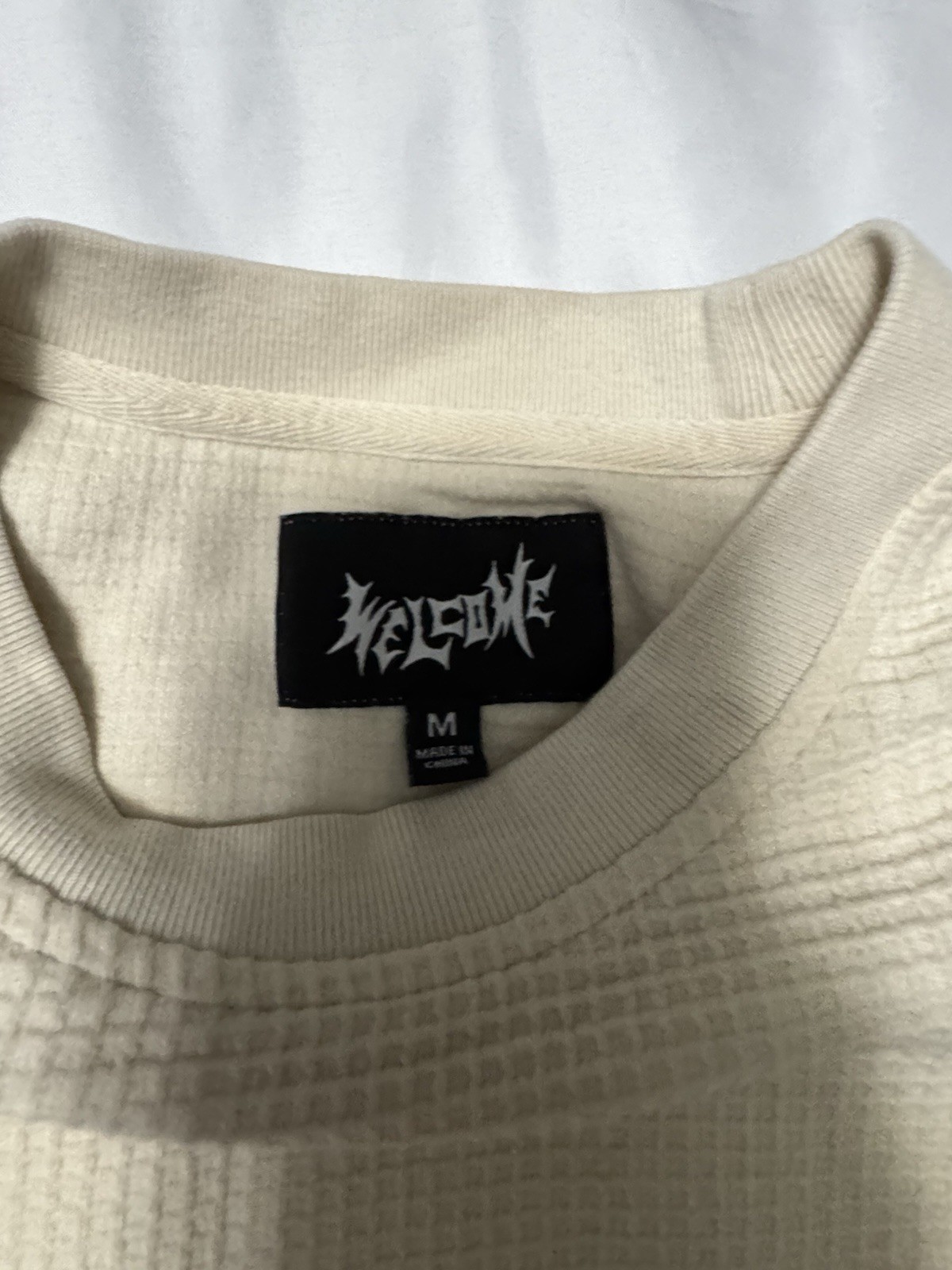 WELCOME Waffle Knit Logo Crew Neck Short Sleeve Beige T-Shirt Men’s M