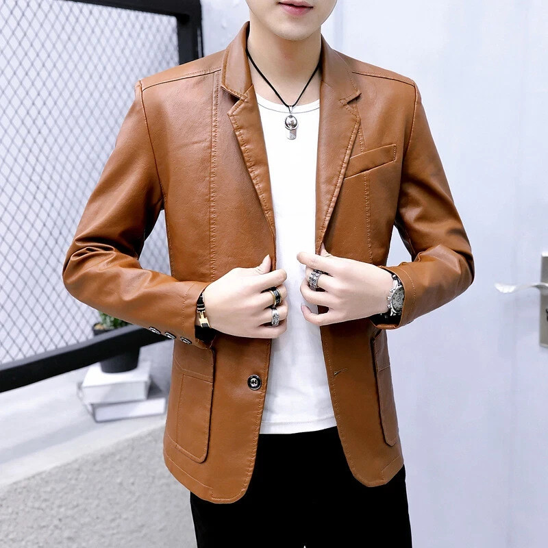In USA Men’s Blazer New Long Sleeve Leisure Single Breasted Faux Leather US L