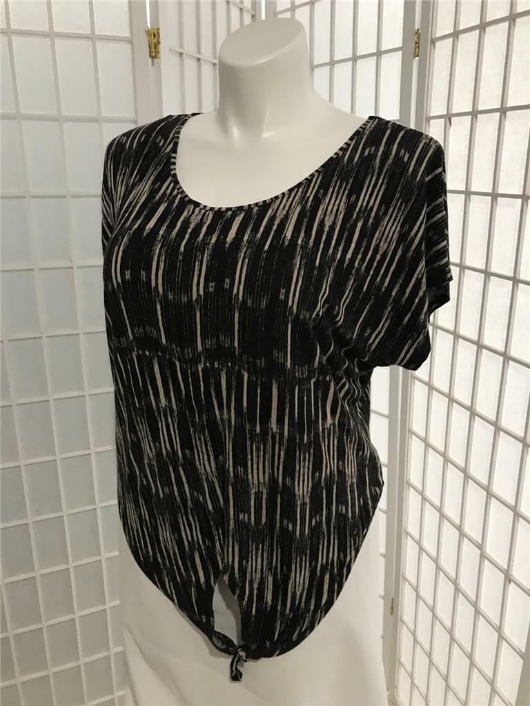 Women’s Hot Options Sz 14 Raven Black Soft Tan Stripe Summer Tie Waist Blouse