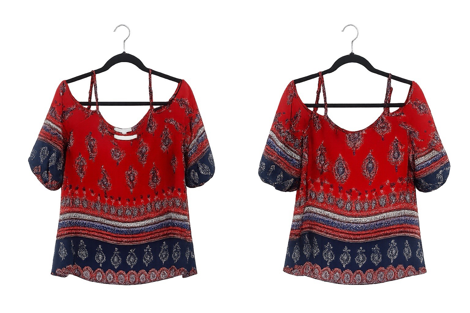 Meraki Red Paisley Cold Shoulder Blouse Small Boho V-Neck Gold Bar Top Festival