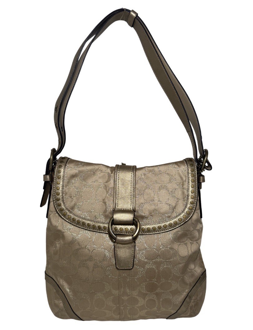 Coach Gold Metallic Signature Jacquard Hobo Shoulder Bag F12852 Studded Flap