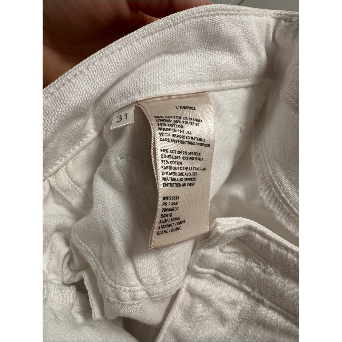 L’AGENCE White Blanc Draya 98% Cotton Slim Straight High Waisted Jeans 31