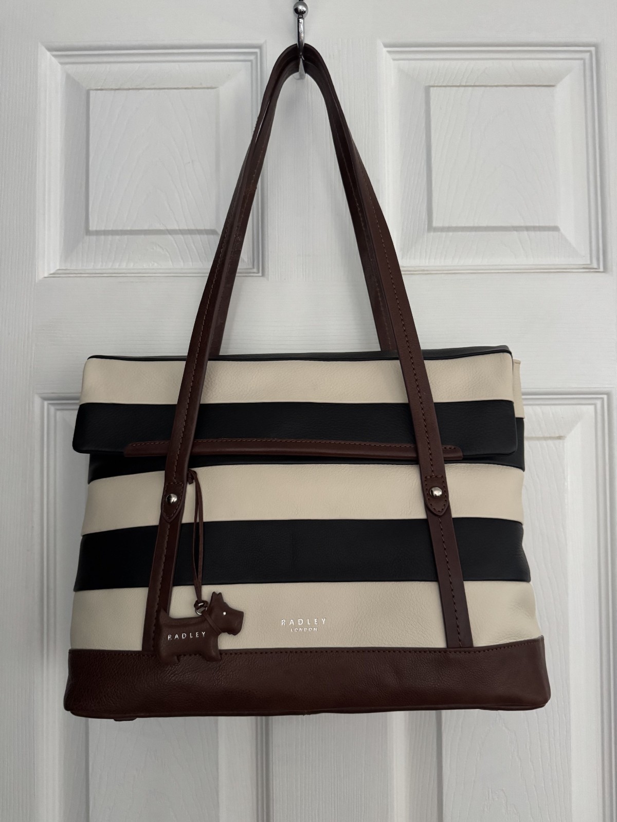 Radley London Babington Stripe Leather Tote Handbag NWT MSRP $258 Black Cream