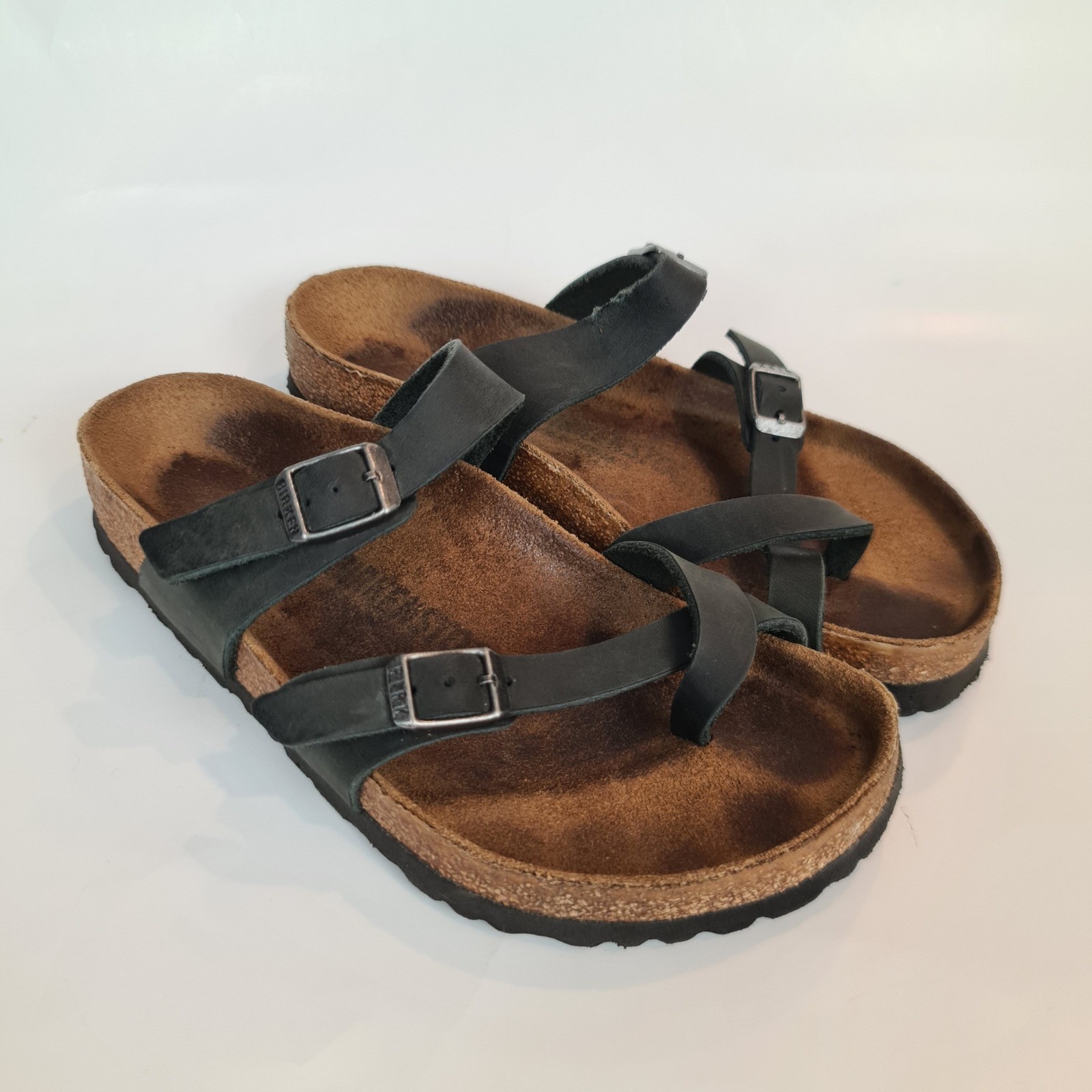Birkenstock Mayari Black Oiled Leather Toe Loop Sandals Women 37 US 6-6.5