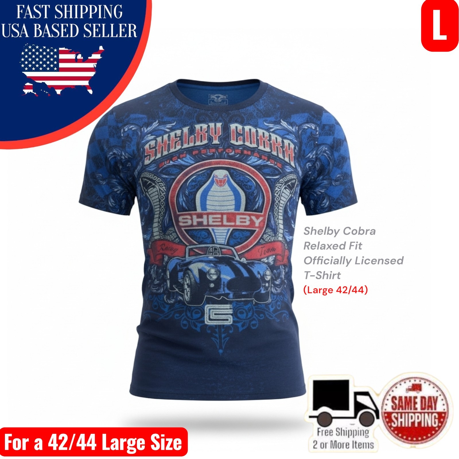 Shelby Cobra Snake Head Vintage Style Logo Men’s Navy Blue T-Shirt LARGE 42/44