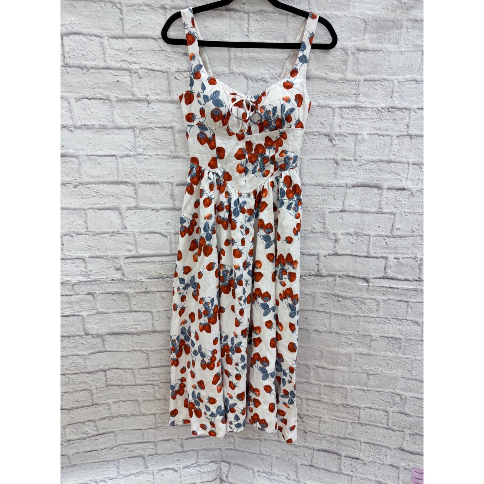 Reformation Balia Linen Strawberry Print Basque Waist Midi Dress White Red Sz 2