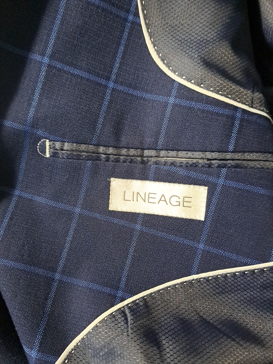 Lineage Performance Stretch Fabric Blue Windowpane 2pc Suit Mens 50R Pants W44