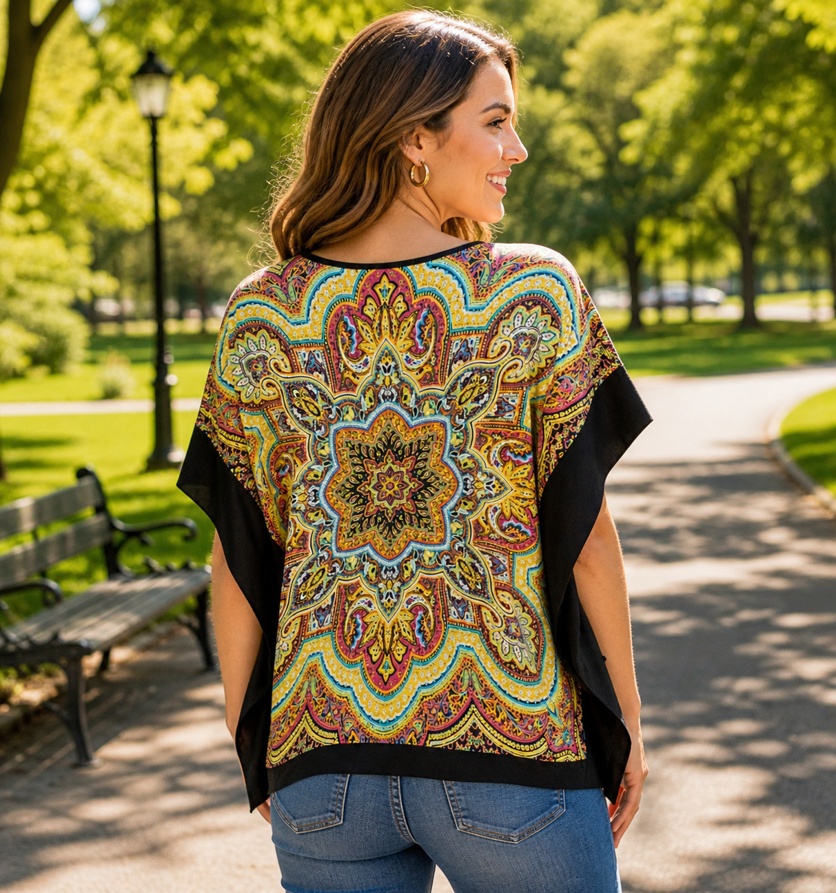 Ny Collection Women’s Sizer M Batwing Sleeves Black Brown Paisley Silky Blouse