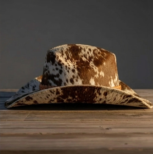 Handmade Genuine Cowhide Leather Cowboy Hat Brown White Western Hair on Hide