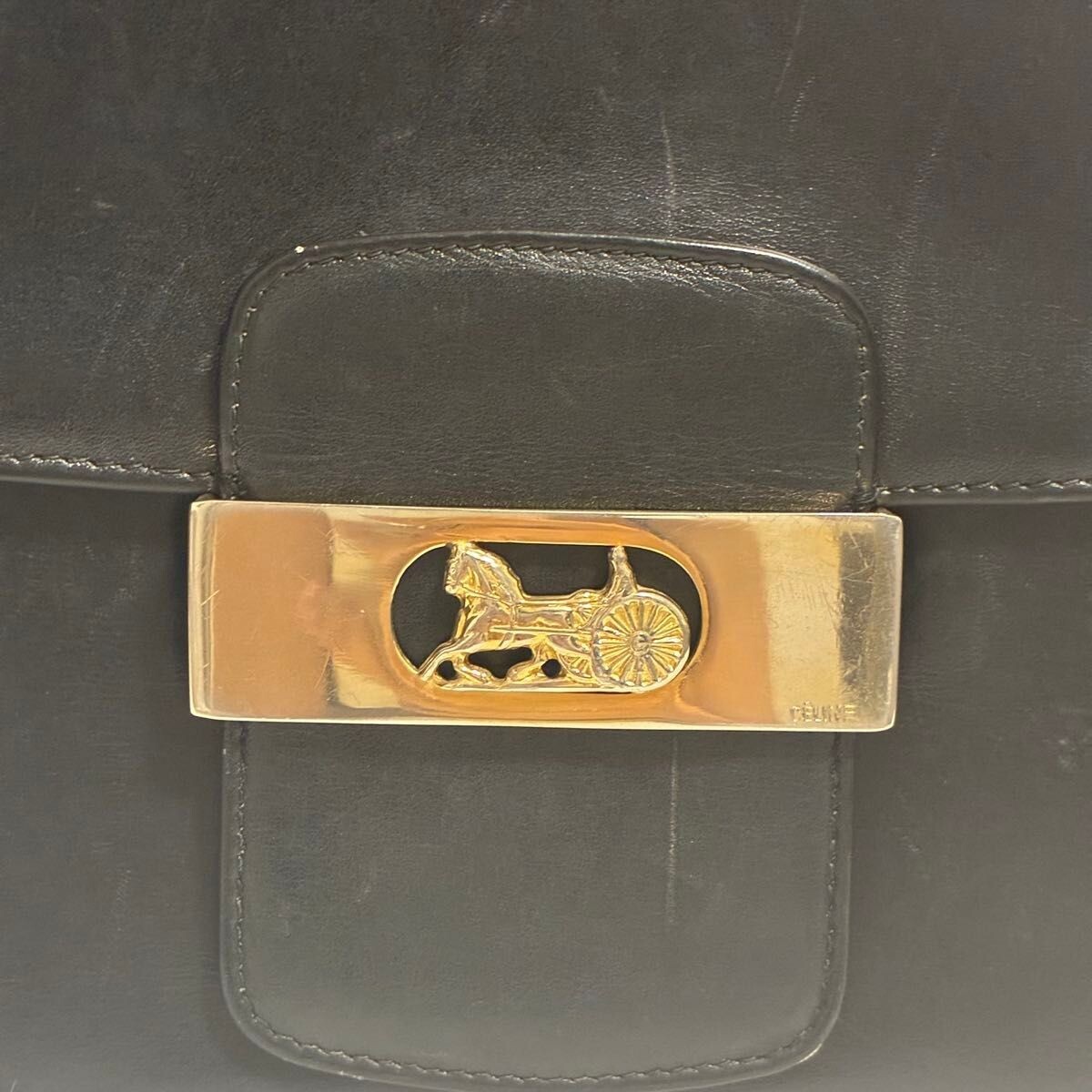 CELINE Black Leather Horse Carriage Buckle Shoulder Bag Gold Italy 22cm