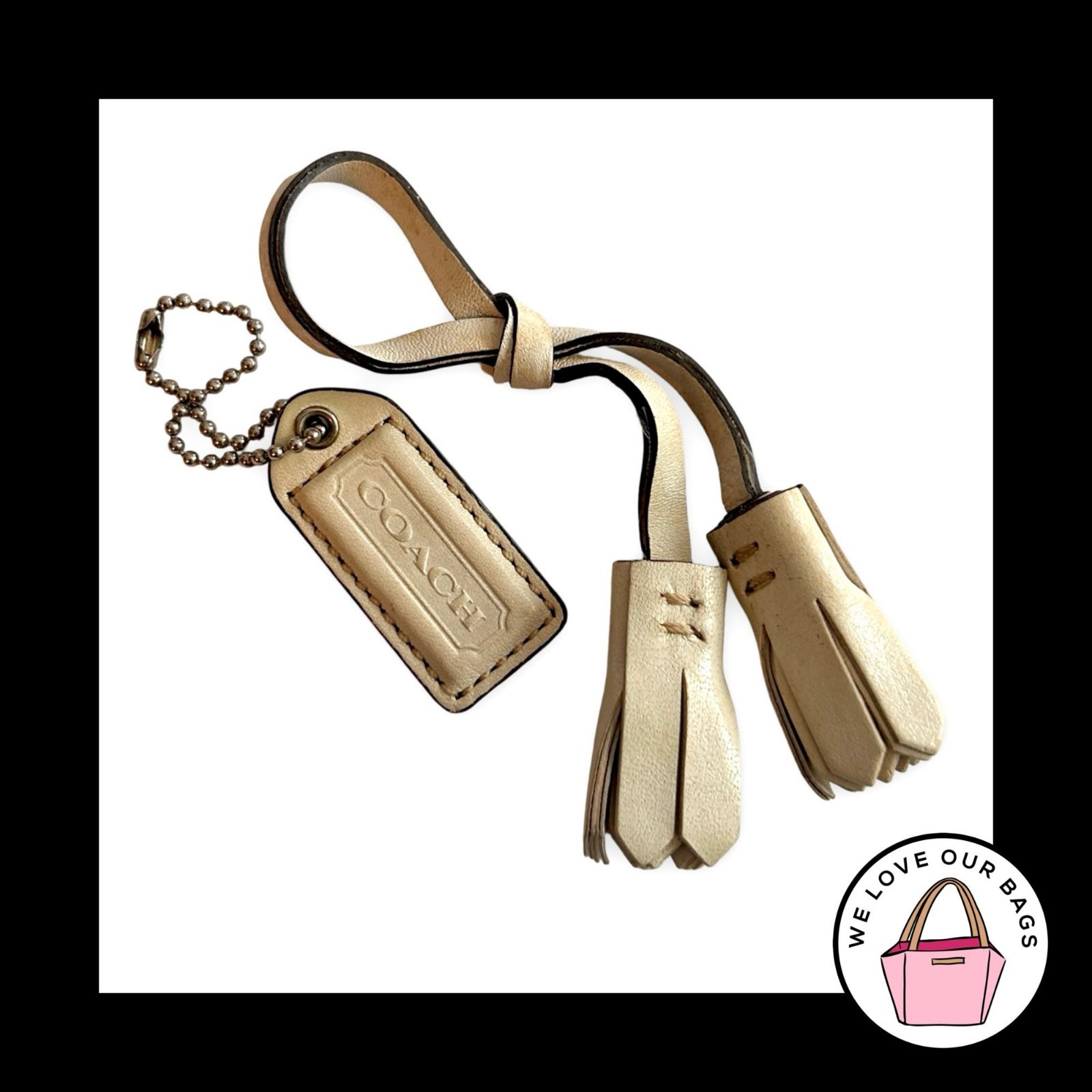 2 Lot VINTAGE Y2K COACH Chalk Off White Leather Tassel Hang Tag Bag Charm Fob