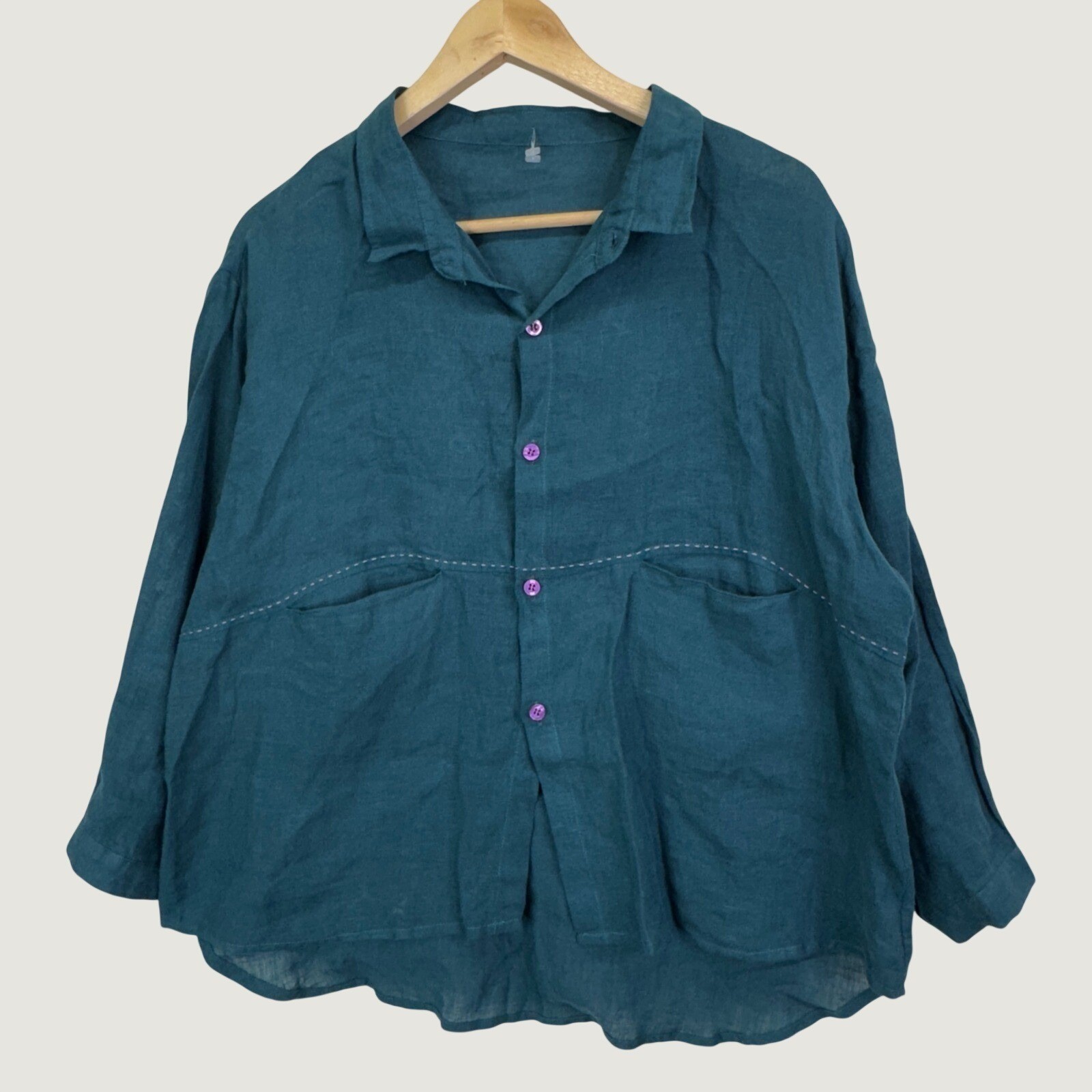Na Nian Bu Yu Linen Button Down Shirt OS Teal Green Lagenlook Boho Mori Girl