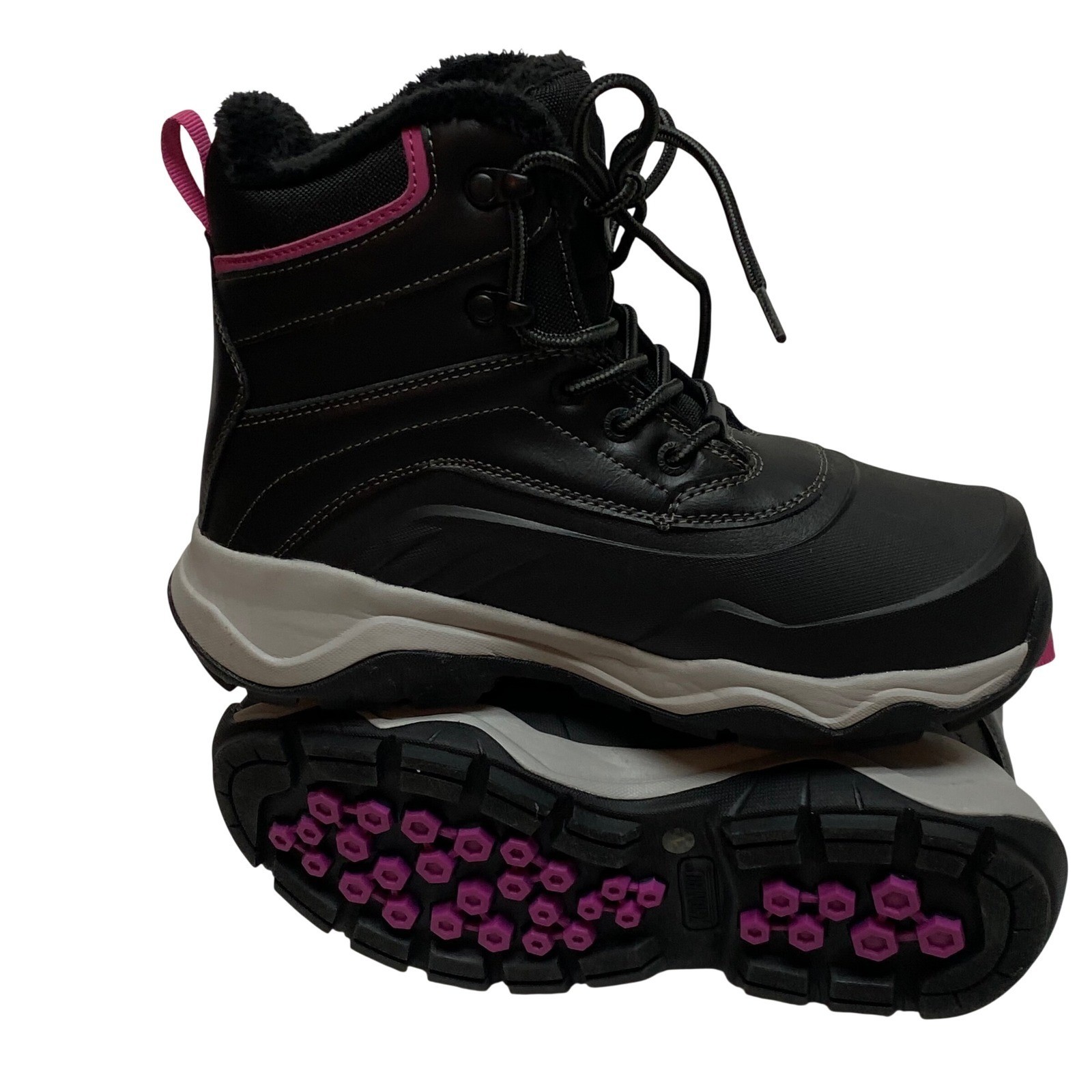 Khombu Womens Black Faux Fur Lined Winter Snow Boot Pink Accents Lace Up 7 NWT