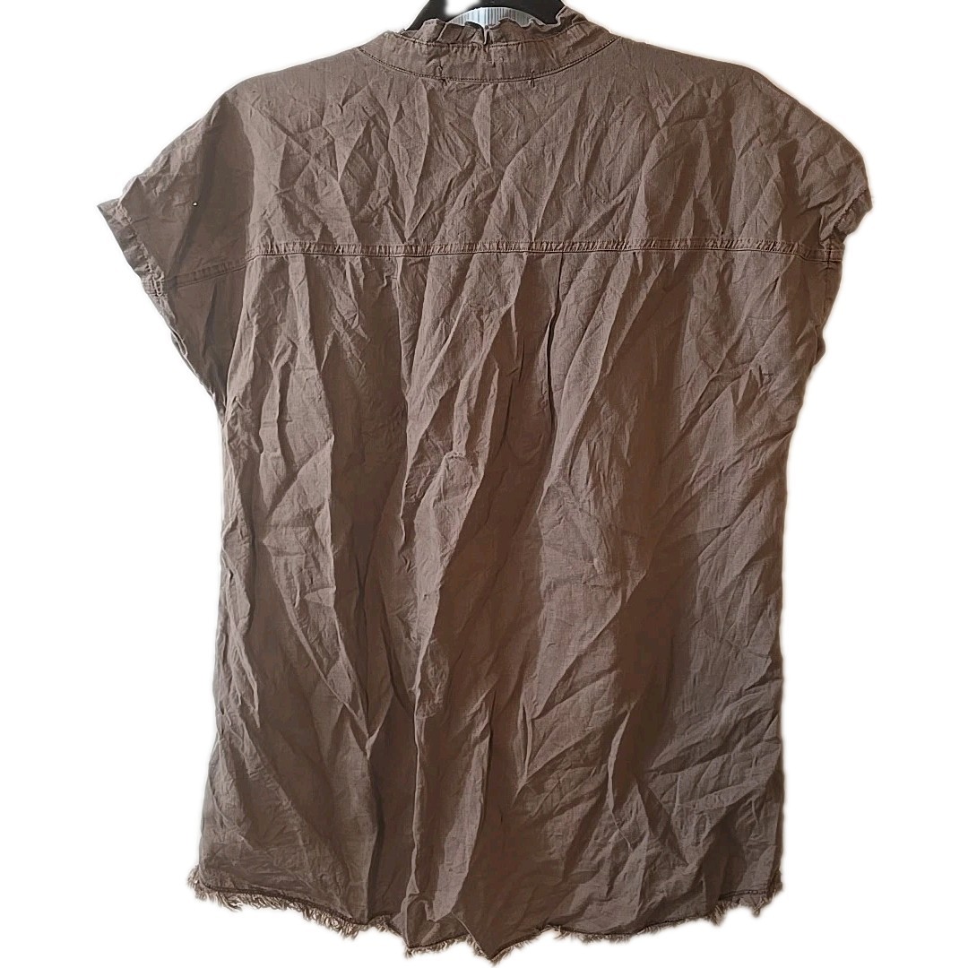 Wearables XCVI Idra Ruffle Linen Blend Brown Top Hi-Low Raw Edge Size Small