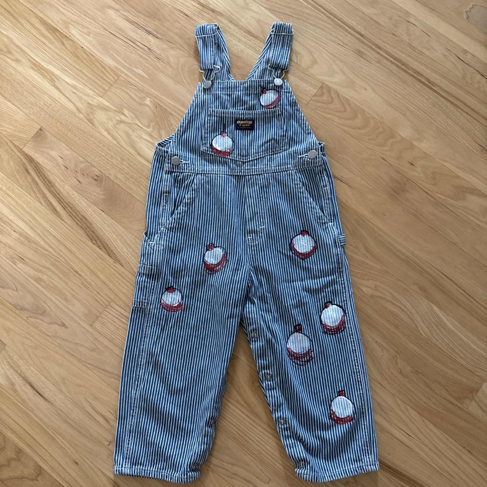 Vintage OshKosh B’Gosh Vestbak Overalls Railroad Stripe Fishing Bobbers Size 4T