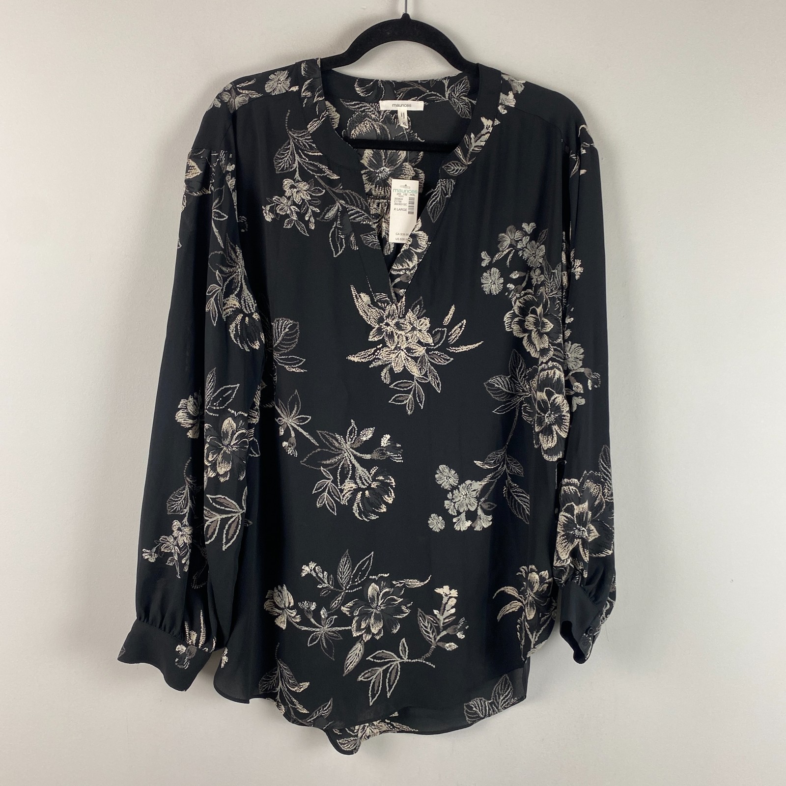 Maurices Floral Popover Blouse Size XL Black Split Neck Long Sleeve