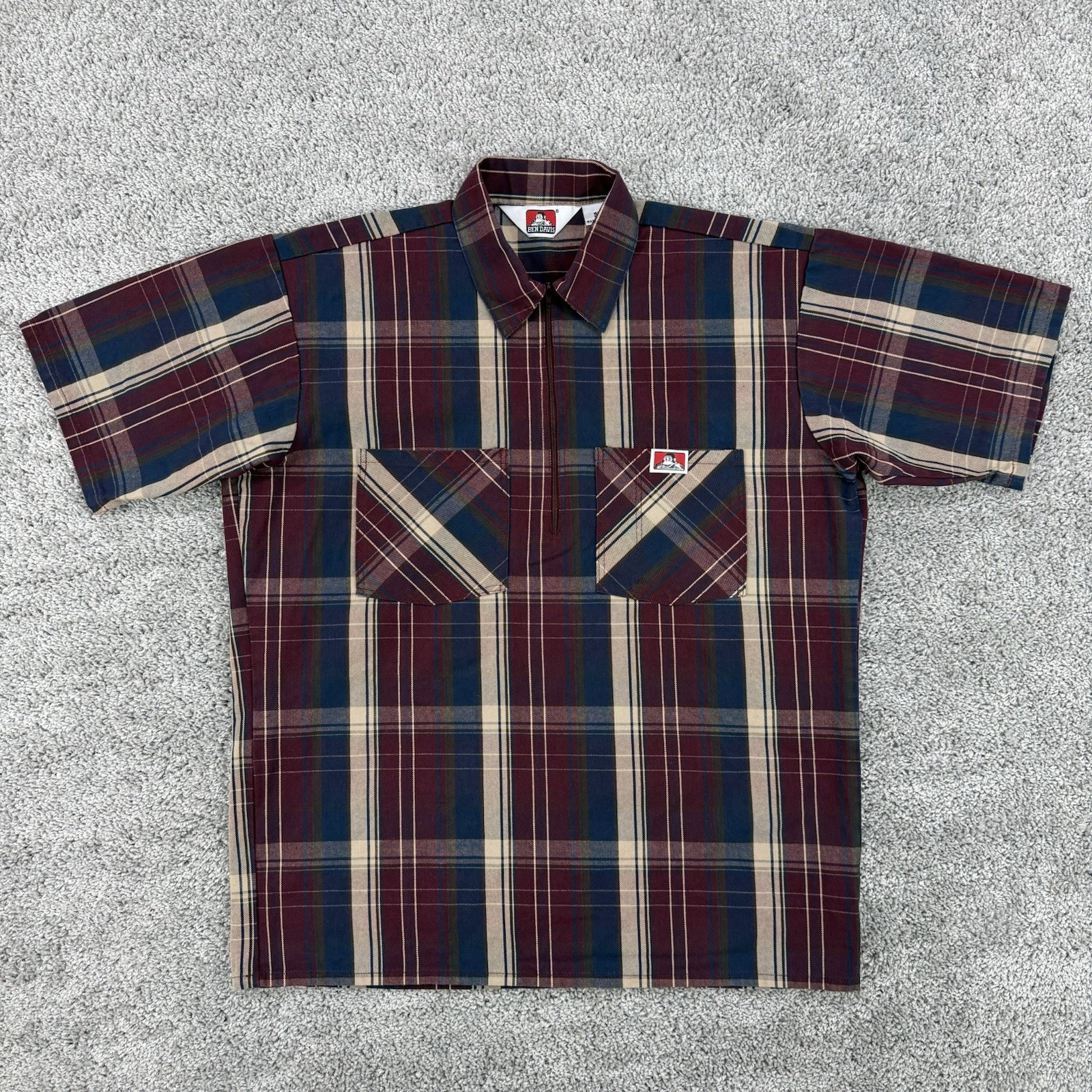 Ben Davis Shirt Men’s M Plaid Made In USA 1/4 Zip Short Sleeve Workwear Mechanic