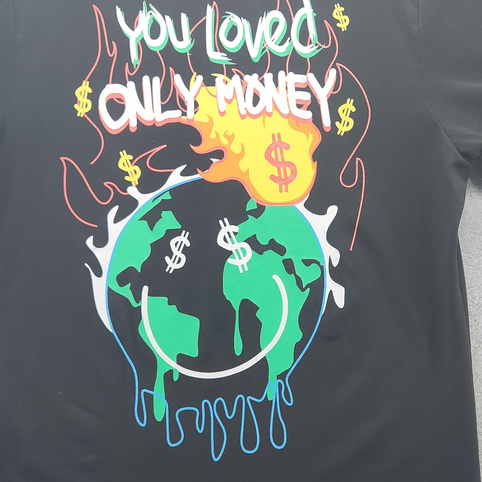 SHEIN Shirt Mens Small Black Graphic Money Repeat Smile Flame Earth Tee