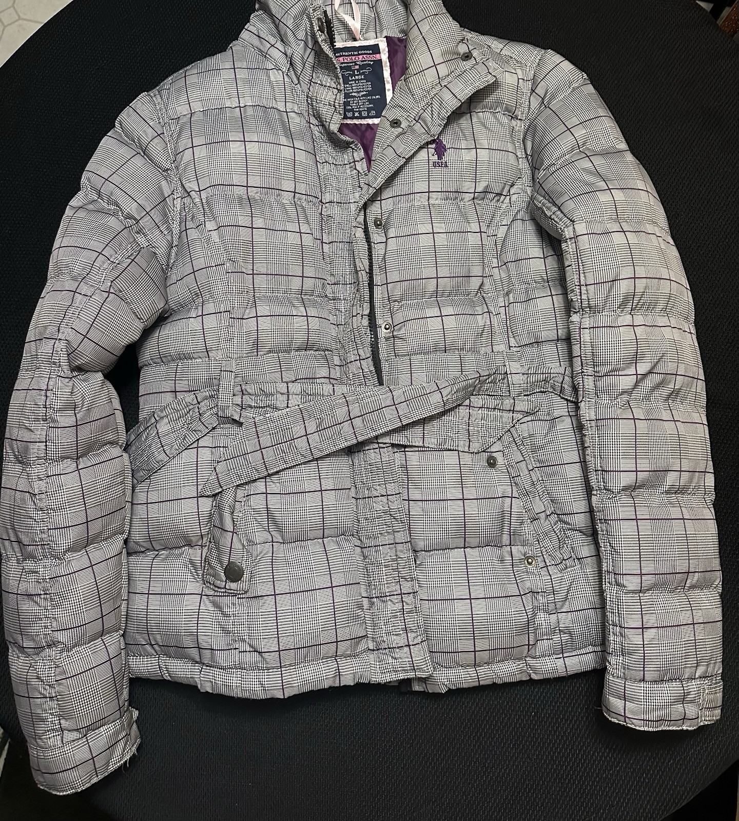 U.S. Polo Assn. Women’s Plaid Puffer Jacket Gray/Purple Quilted Insulated L