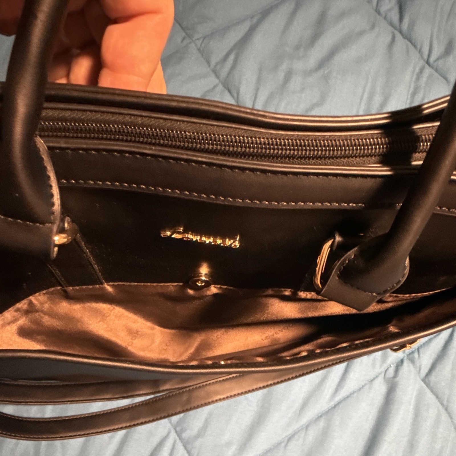 LOVEVOOK Black Large laptop Bag Zip Closure, Detachable Strap, Gold Hardware