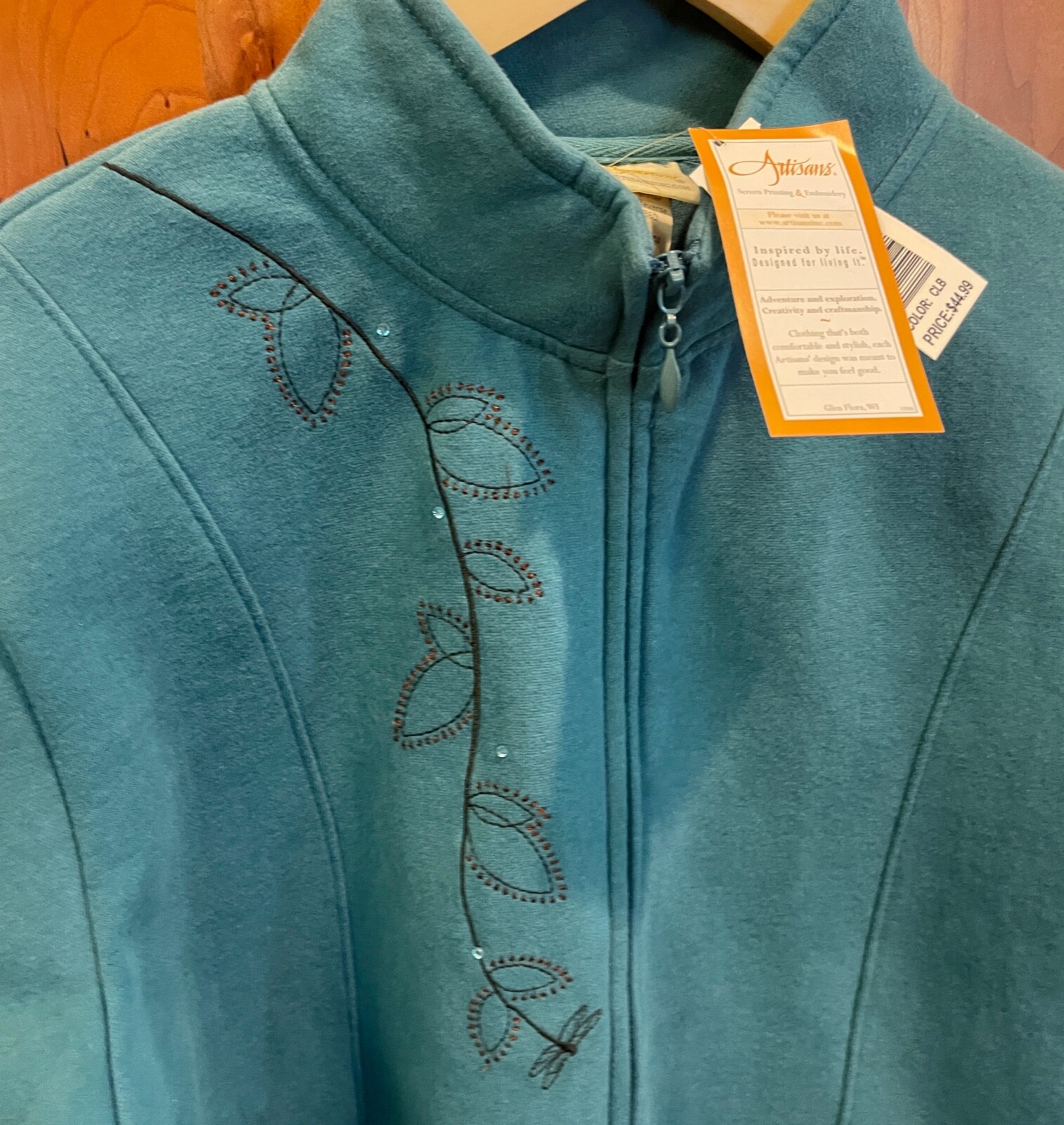 NWT Artisians Dragonfly Embroidered Rhinestones Teal Zip Fleece Jacket Women’s L